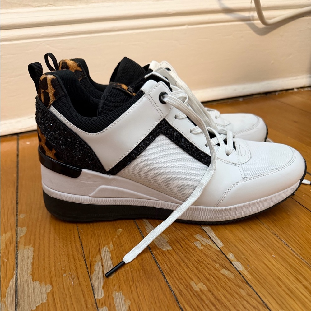 Michael Kors White and Black Sneakers with Leopard Accent